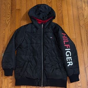 Tommy Hilfiger Black Hooded Puffer Jacket with Red Accents